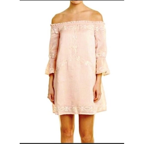 Foxiedox Womens‎ Shift Dress Peach Lined Off Shoulder Embroidered Pullover SZ S - Picture 1 of 10